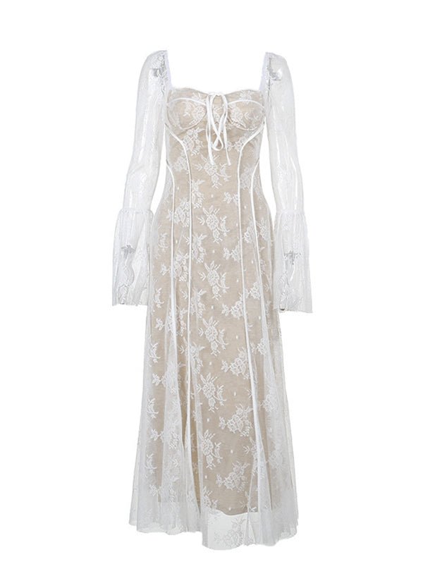 Momyknows White Lace Corset Square Neck Flare Sleeve Plus Size Maternity Photoshoot Maxi Dress, White / XXXL