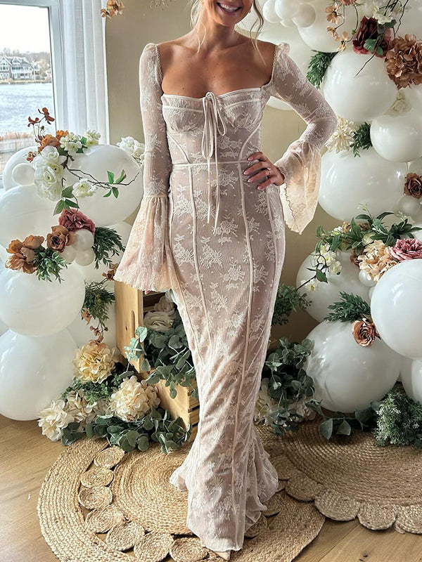 Momyknows White Lace Corset Square Neck Flare Sleeve Off Shoulder Bodycon Elegant Cocktail Party Maxi Dress