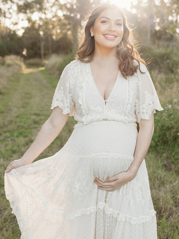 Momyknows Boho Lace White V-Neck Short Sleeve Ruffle Embroidery High Waist Photoshoot Maternity Maxi Dress