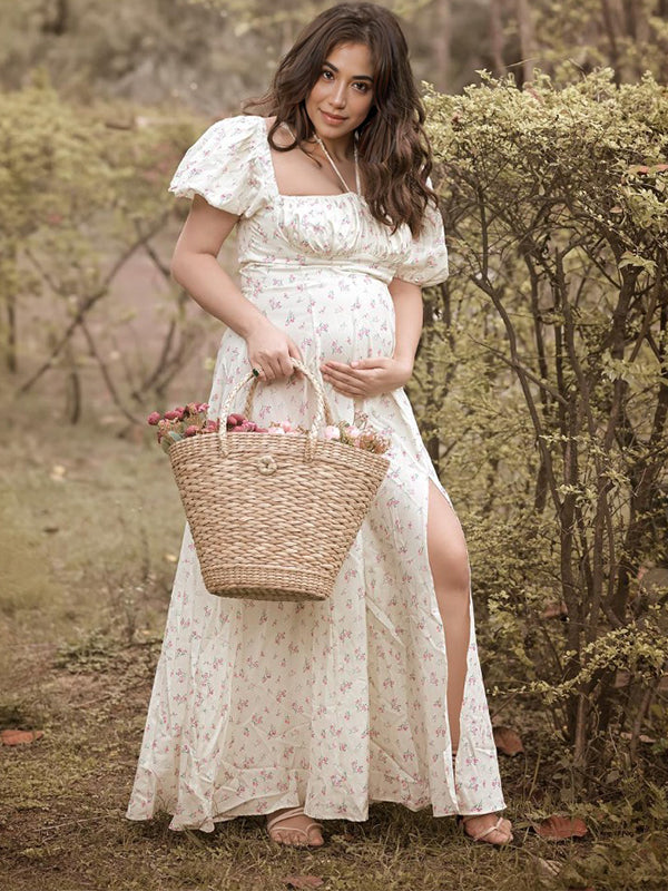 Momyknows Floral Print Side Slit U-Neck Puff Sleeve Cute Photoshoot Maternity Maxi Dress