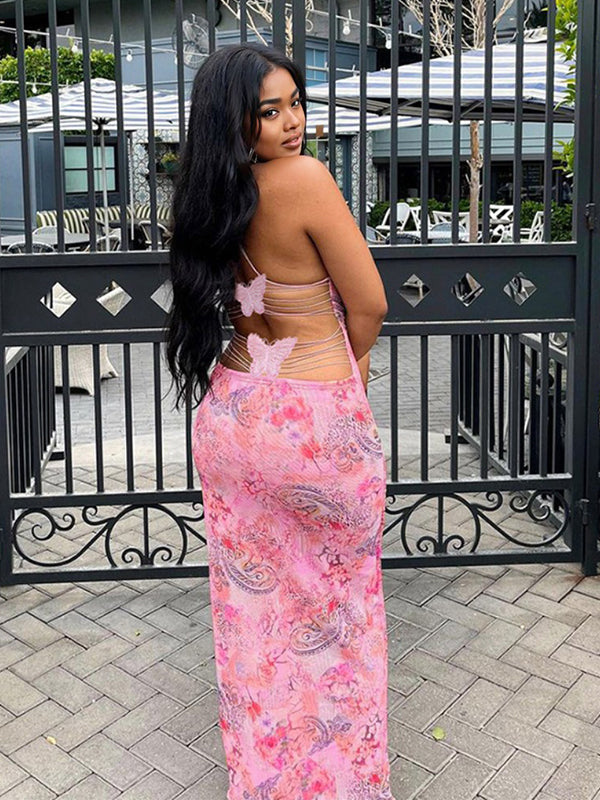 Momyknows Spaghetti Strap Backless Printing Butterfly Bodycon Chic  Maternity Maxi Dress