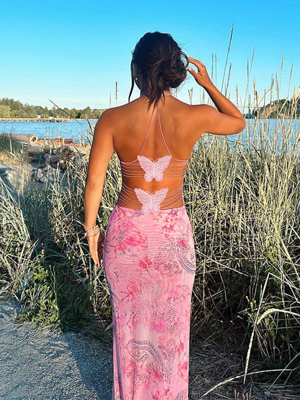 Momyknows Spaghetti Strap Backless cami Printing Butterfly Bodycon Chic Maternity Maxi Dress