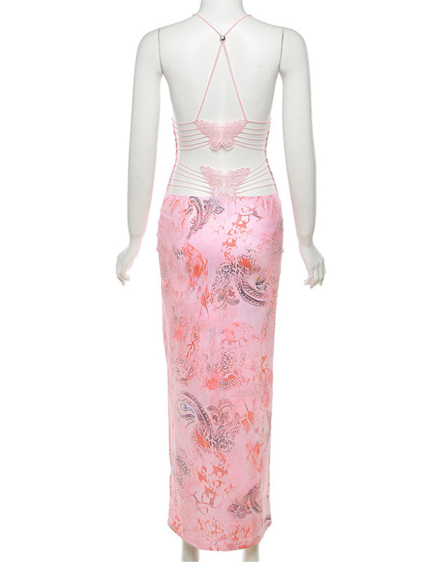 Momyknows Spaghetti Strap Backless Printing Butterfly Bodycon Chic Maternity Maxi Dress White / L Momyknows Spaghetti Strap Backless Printing Butterfly Bodycon Chic Maternity Maxi Dress White / L