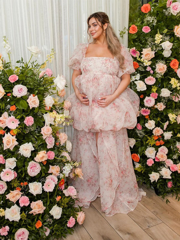 Momyknows Pink Tulle Tutu Long Train Backless Floral Puff Sleeve Cute Babyshower Photoshoot Maternity Mini Dress