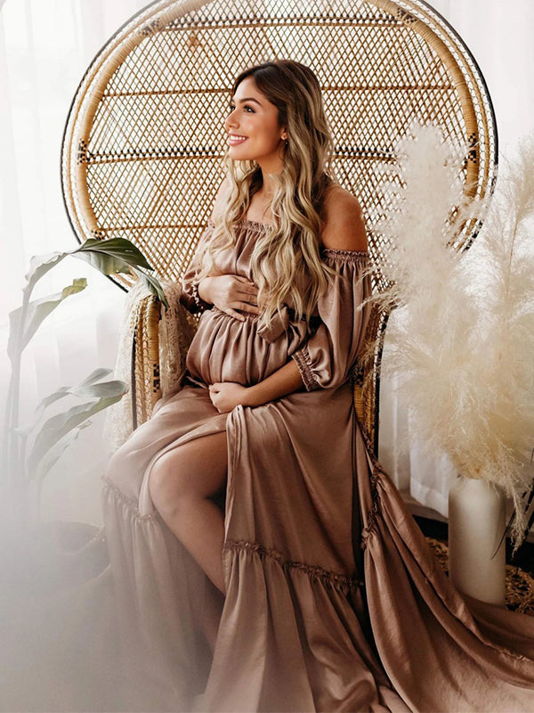 Momyknows Boho Off Shoulder Side Slit Crop Bandeau 2-in-1 Photoshoot Maternity Maxi Dress