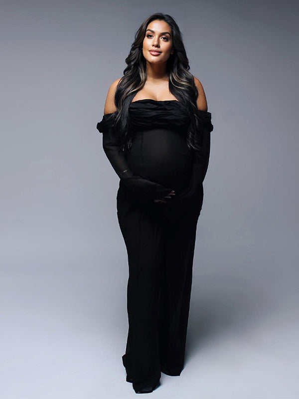 Momyknows Black Mesh Sheer Off Shoulder Bandeau Backless Photoshoot Maternity Maxi Dress