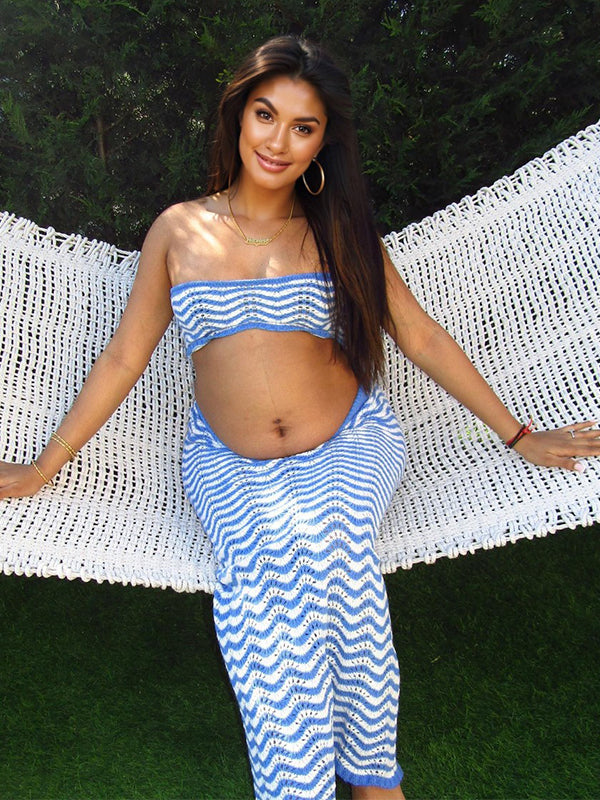 Momyknows Gingham Knitting Bandeau Backless Crop 2-in-1 Bodycon Vacation Maternity Maxi Dress