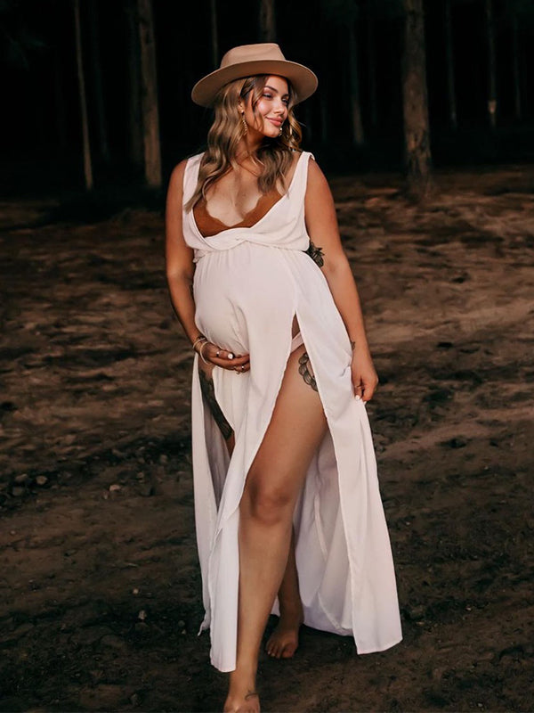 Momyknows White High Split Bandage V-Neck Boho Photoshoot Maternity Maxi Dress