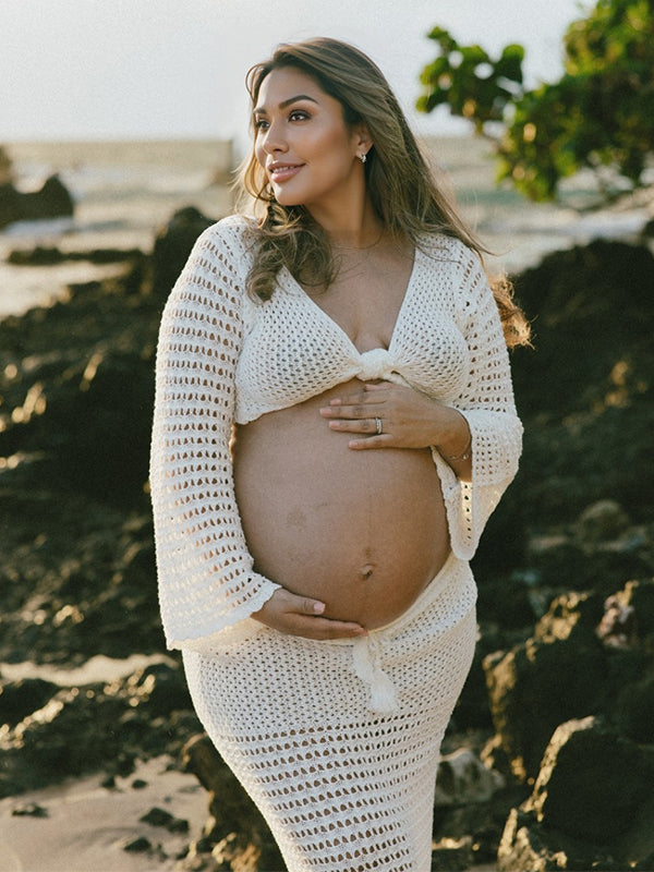 Momyknows White Tie Front Crop V-Neck Crochet Beach Vacation Photoshoot Maternity Maxi Dress