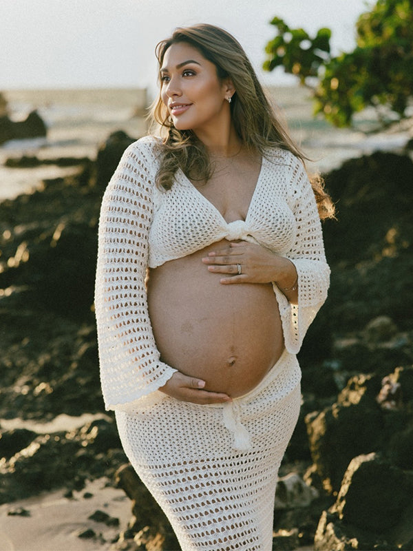 Momyknows White Tie Front Crop V-Neck Crochet Beach Vacation Photoshoot  Maternity Maxi Dress