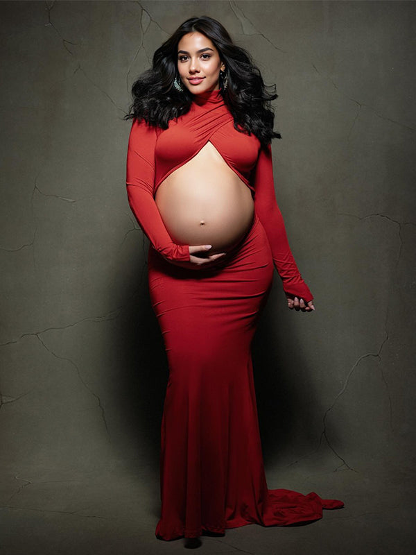 Momyknows Red Cross Front Crop Cut Out Backless Mermaid Bodycon Photoshoot Maternity Maxi Dress