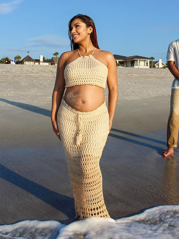 Momyknows Apricot Halter Neck Back Lace-up Tassel 2-in-1 Drawstring Crochet Crop Vacation Maternity Maxi Dress Momyknows Apricot Halter Neck Back Lace-up Tassel 2-in-1 Drawstring Crochet Crop Vacation Maternity Maxi Dress