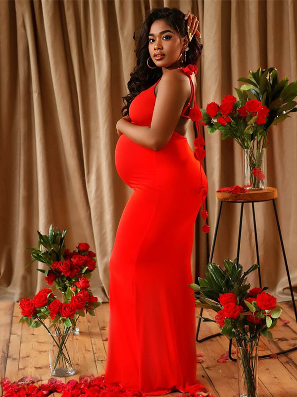 Momyknows Red Backless 3D Flower Cascading Ruffle Spaghetti Strap Cami Mermaid Bodycon Party Photoshoot Maternity Maxi Dress