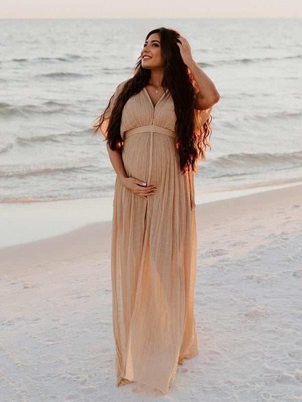 Momyknows V-Neck Linen Cotton Bohemian Backless Thigh High Side Slits Tassel Vacation Photoshoot Maternity Maxi Dress