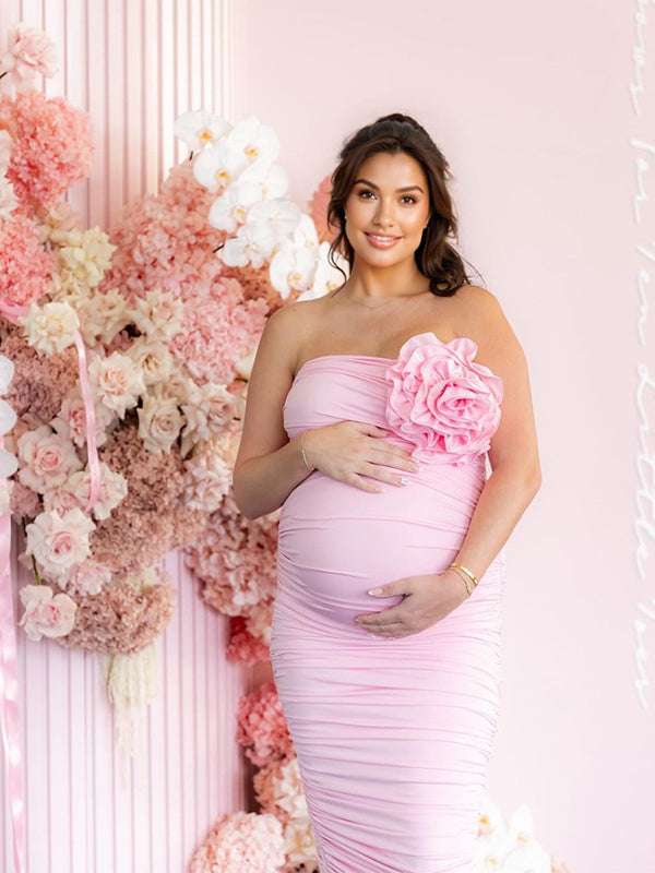 Momyknows Pink 3D Flower Cascading Ruffle Bandeau Irregular Bandage Cute Bodycon Babyshower Maternity Maxi Dress