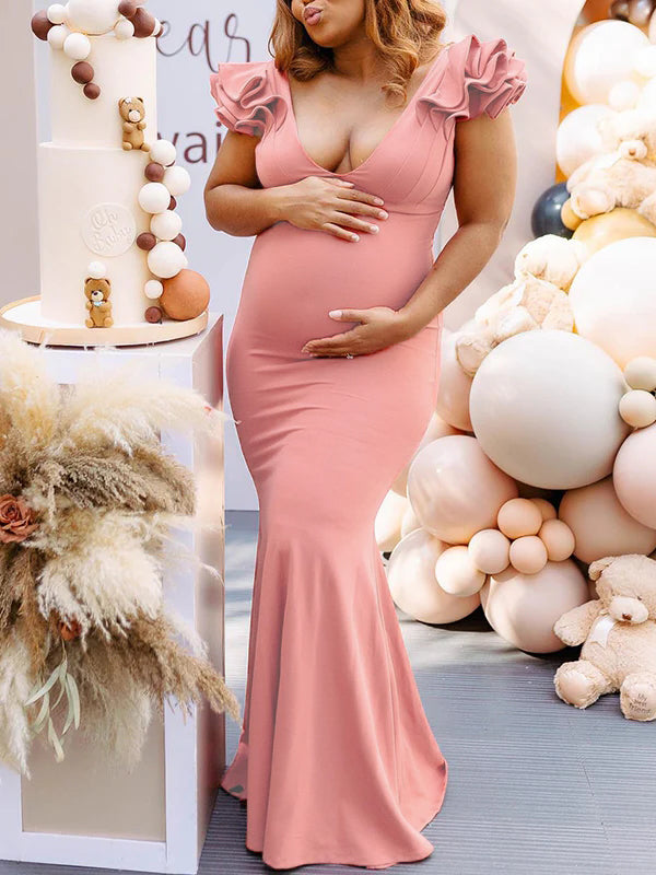 Momyknows Pink Ruffle Backless V-Neck Mermaid Bodycon Baby Shower Maternity Maxi Dress