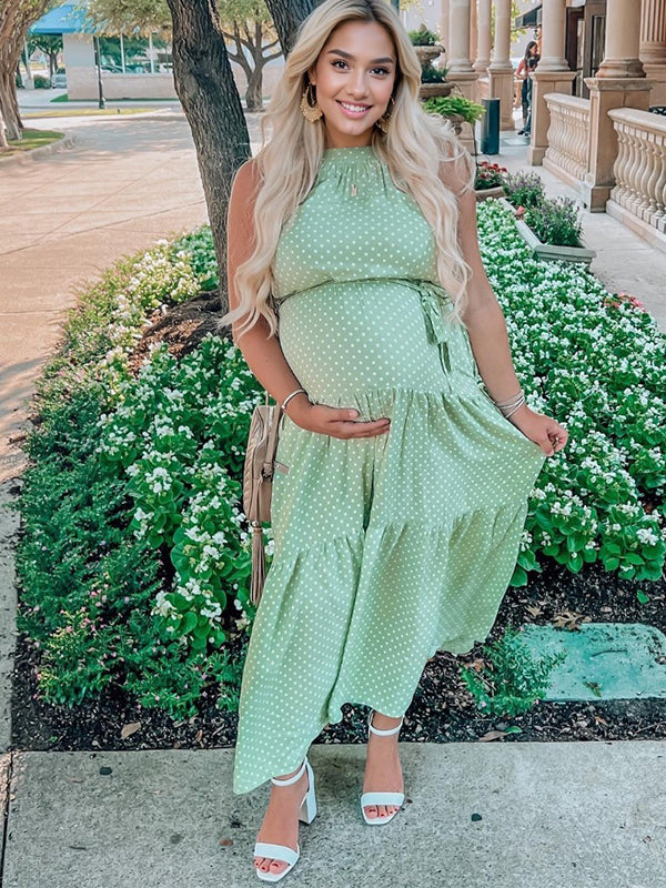 Momyknows Sashes Green Polka Dot Big Swing Cute Maternity Maxi Dress