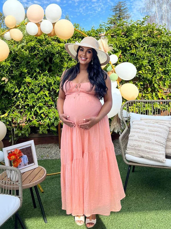Momyknows Pink Spaghetti Strap Backless Drawstring Babyshower Maternity Maxi Dress