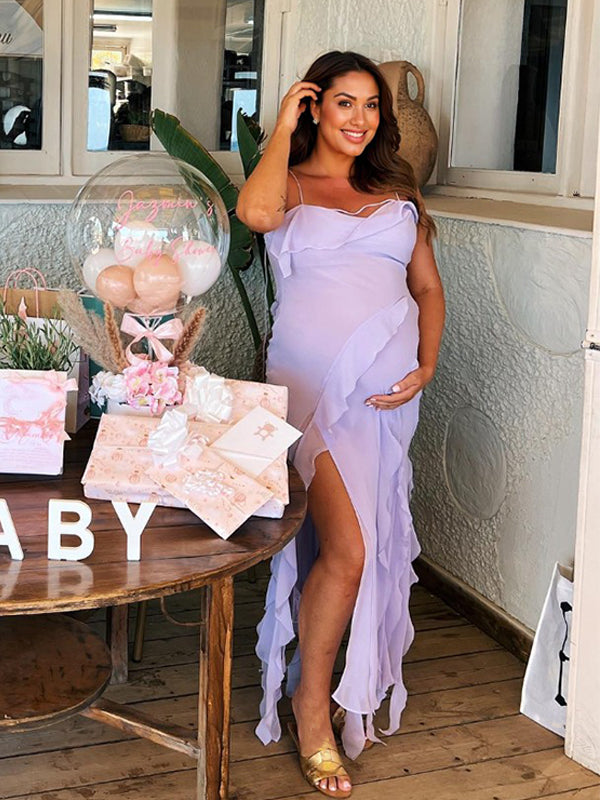 Momyknows Purple Ruffle Side Slit Falbala Cami Backless Elegant Vacation Evening Gown Maternity Photoshoot Baby Shower Maxi Dress
