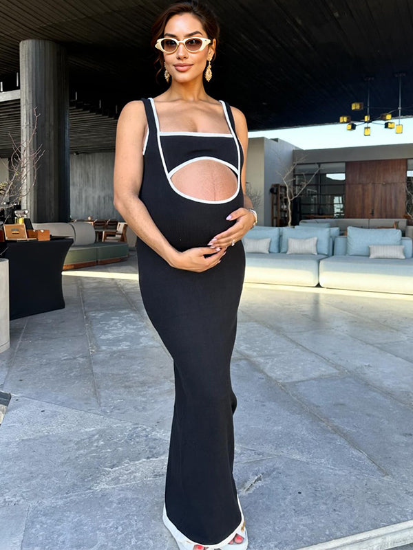 Momyknows Black Hit Color Cut Out Crop Backless U-neck Bodycon Knitted Tank Dress Chic Going Out Maternity Photoshoot Baby Shower Maxi Dress