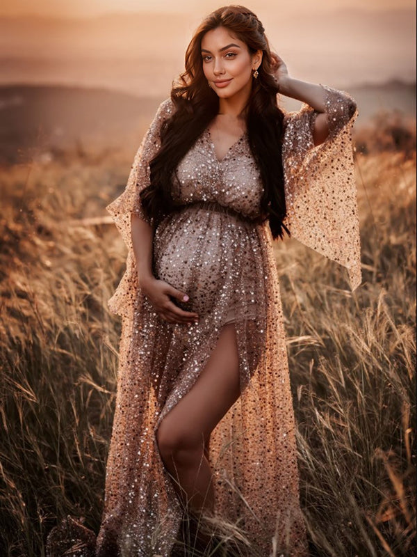 Momyknows Bohemian Elegant Sequin Sparkly Side Slit Backless Transparent Flowy Photoshoot Maternity Maxi Dress