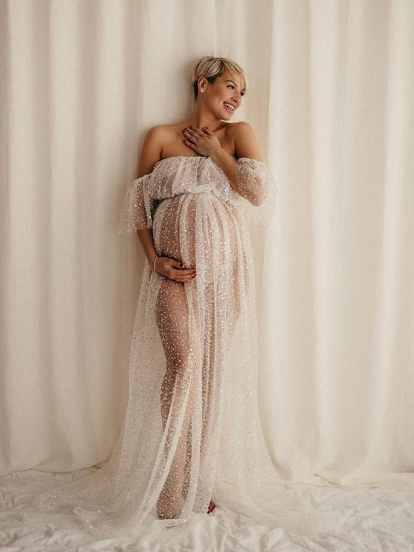 Momyknows Elegant Sequin Sparkly Transparent Off Shoulder Front Slit Flowy Falbala Photoshoot Maternity Maxi Dress