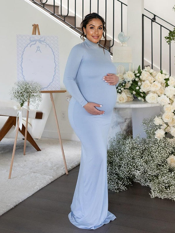 Momyknows Blue High Neck Long Sleeve Mermaid Elegant Gender Reveal Maternity Photoshoot Baby Shower Maxi Dress