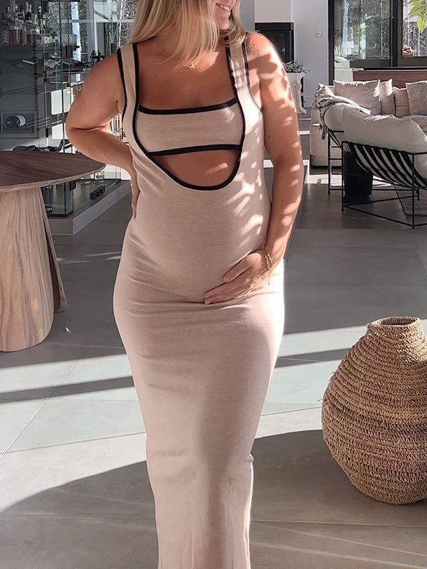 Momyknows Apricot Hit Color Cut Out Crop Backless U-neck Bodycon Knitted Tank Dress Chic Going Out Maternity Photoshoot Baby Shower Maxi Dress