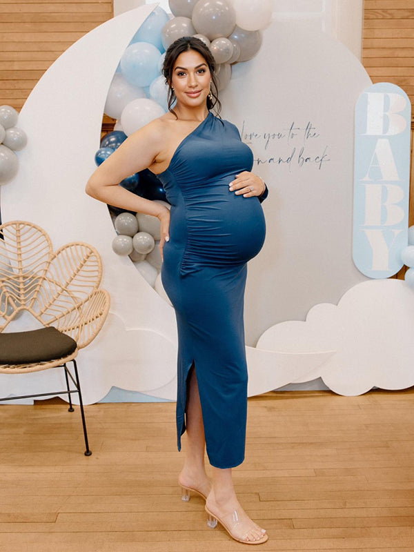 Momyknows Blue Ruched One Shoulder Side Slit Bodycon Elegant Gender Reveal Maternity Photoshoot Baby Shower Maxi Dress