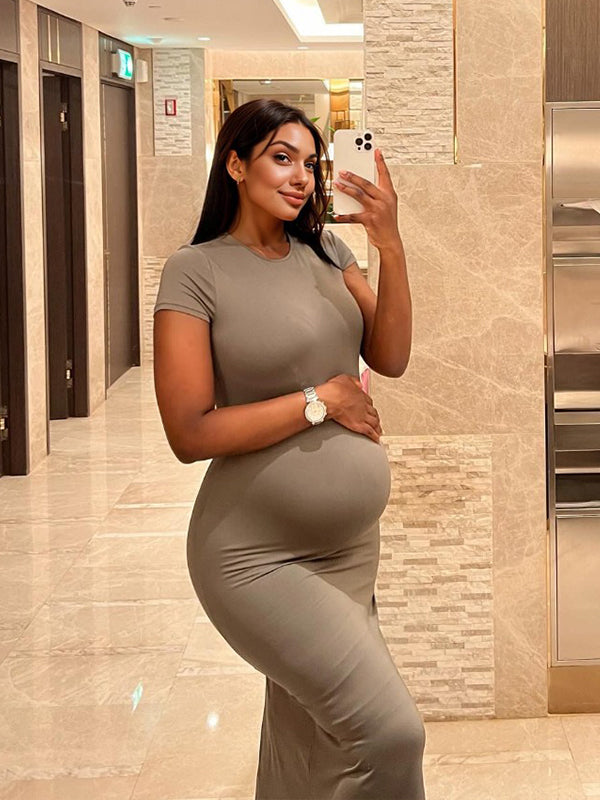 Momyknows Solid Color Round Neck Short Sleeve Bodycon Chic Basic Going Out Daily Maternity Baby Shower Maxi Dress