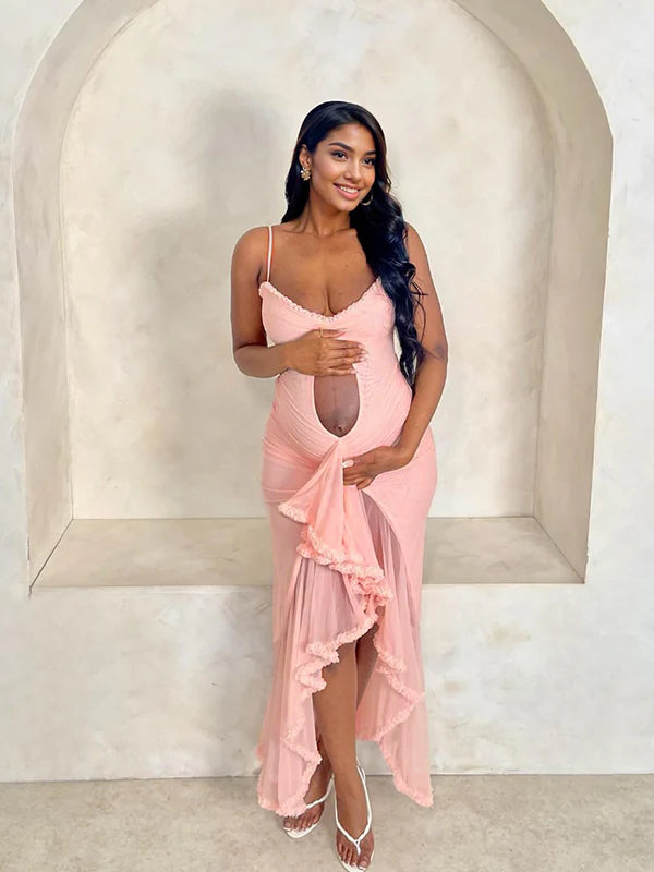 Momyknows Ruffle Tulle Cut Out Falbala Ruched Crop Slit Cami Mermaid Elegant Cocktail Party Maternity Photoshoot Baby Shower Maxi Dress