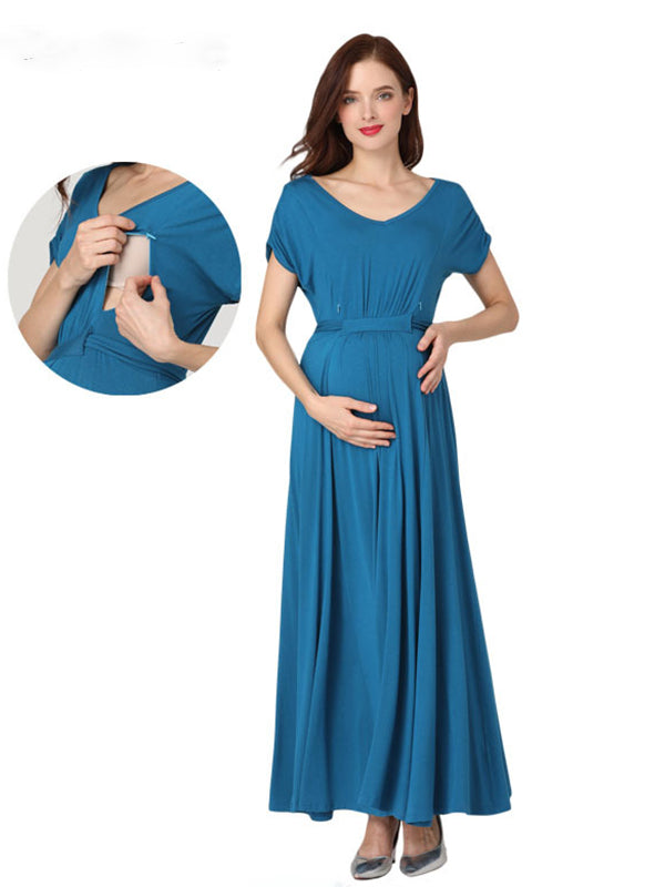 Momyknows Solid Color Adjustable Belt V-neck Short Sleeve Breastfeeding Elegant Going Out Daily Maternity Nursing Maxi Dress