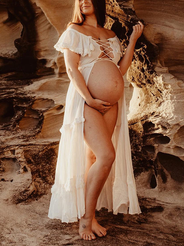2024.4.30 实物与图片不符Momyknows White Off Shoulder Ruffle Falbala Lace-up Open Belly Split Front Flowy Beach Vacation Cover Up Sheer Maternity Boho Photoshoot Robe Maxi Dress