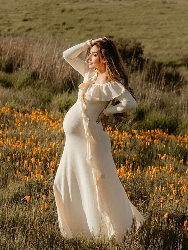 Momyknows Apricot Off Shoulder Side Slit Ruffle Falbala Draped Elegant Going Out Maternity Photoshoot Baby Shower Maxi Dress