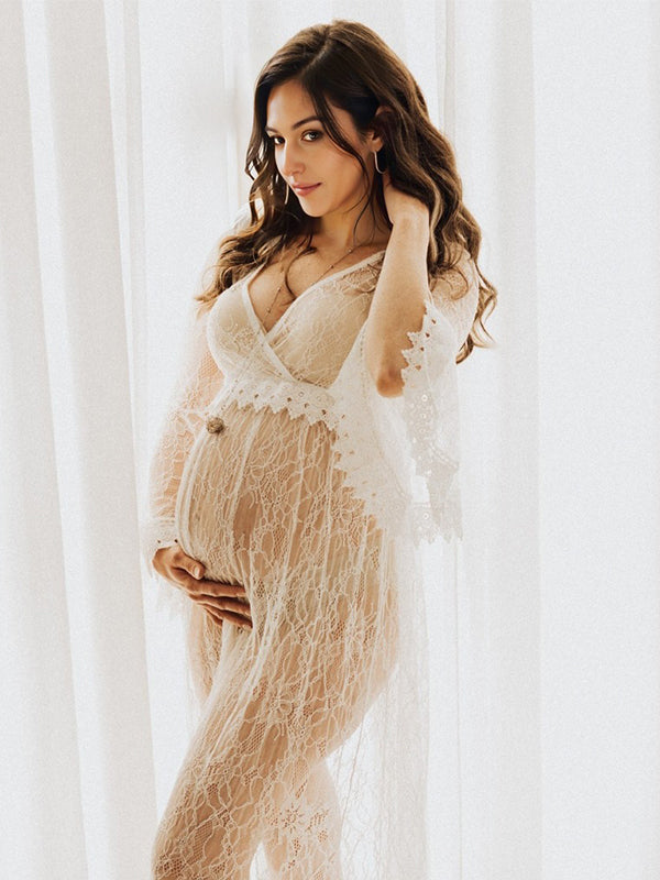 Momyknows White Lace Big Swing V-neck Flare Sleeve Elegant Sheer Maternity Photoshoot Baby Shower Maxi Dress