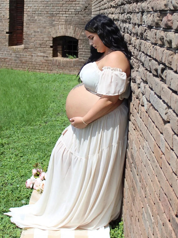 Momyknows White Bohemian Off Shoulder Backless Ruffle 2 Piece Set Photoshoot Maternity Maxi Dress