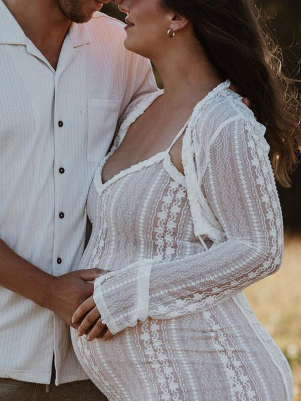 mommy knows white lace dress Momyknows Ivory Lace Two Piece Set Side Slit V-neck Cami Maxi Dress And Crop Cardigan Elegant Going Out Maternity Photoshoot Baby Shower Maxi Dress,