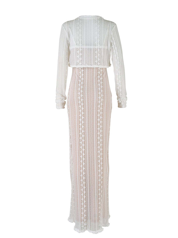 Momyknows Ivory Lace Two Piece Set Side Slit V-neck Cami