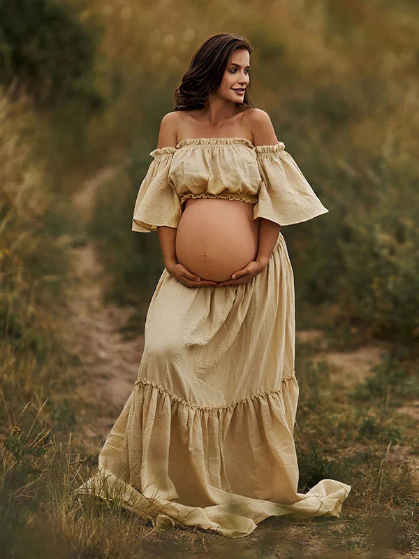 Momyknows Boho Solid Color Off Shoulder Backless Linen Cotton Ruffle 2-in-1 Crop Cap Sleeve Side Slit Photoshoot Maternity Maxi Dress