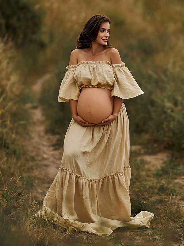 Momyknows Boho Solid Color Off Shoulder Backless Linen Cotton Ruffle 2-in-1 Crop Cap Sleeve Side Slit Photoshoot Maternity Maxi Dress Momyknows Boho Solid Color Off Shoulder Backless Linen Cotton Ruffle 2-in-1 Crop Cap Sleeve Side Slit Photoshoot Maternity Maxi Dress
