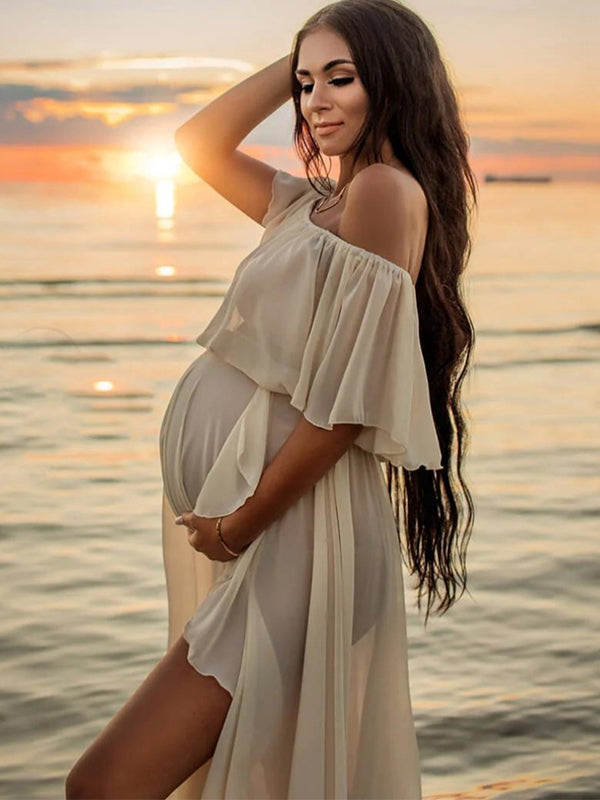 Momyknows Solid Color Off Shoulder Backless Ruffle Side Slit Chiffon Photoshoot Maternity Maxi Dress Green / XL Momyknows Solid Color Off Shoulder Backless Ruffle Side Slit Chiffon Photoshoot Maternity Maxi Dress Green / XL