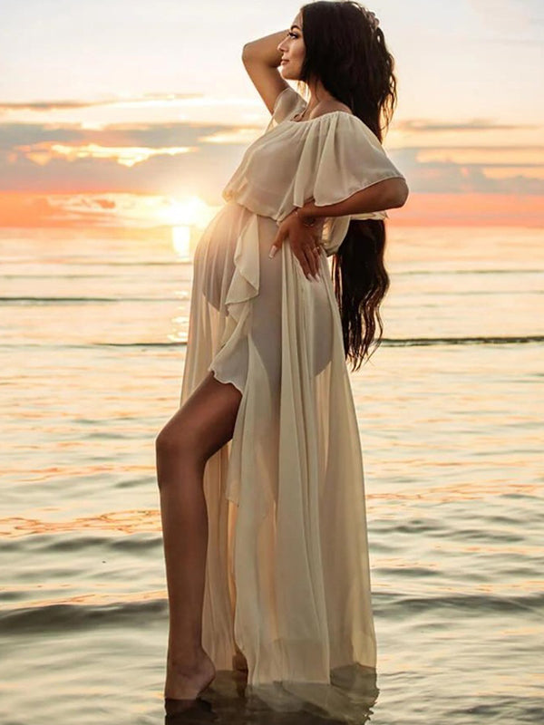 Momyknows Solid Color Off Shoulder Backless Ruffle Side Slit Chiffon Photoshoot Maternity Maxi Dress Momyknows Solid Color Off Shoulder Backless Ruffle Side Slit Chiffon Photoshoot Maternity Maxi Dress