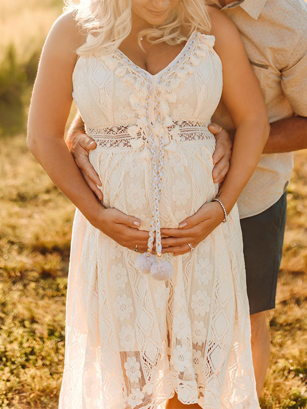Momyknows Lace Bohemian Spaghetti Strap Tassel Backless V-Neck Photoshoot Maternity Maxi Dress