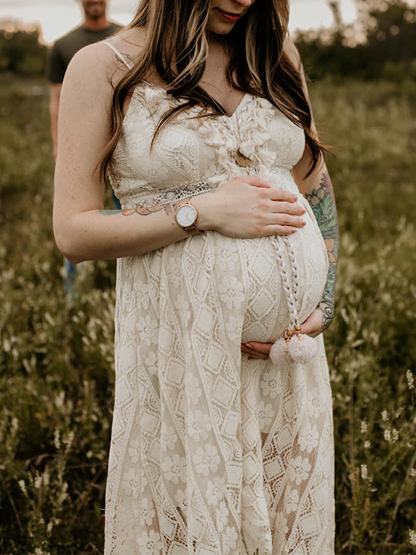 Momyknows Lace Bohemian Spaghetti Strap Tassel Backless V-Neck Photoshoot Maternity Maxi Dress