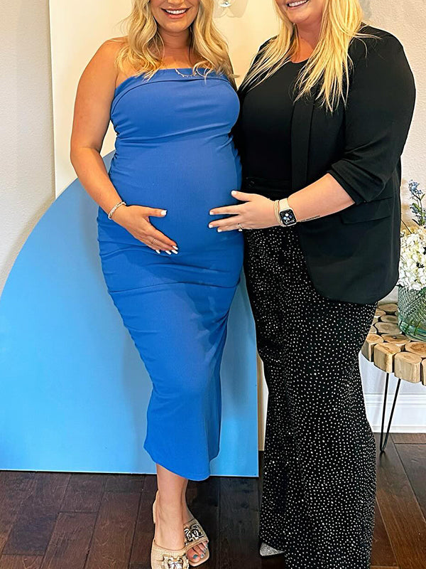 Momyknows Blue Knit Bandeau Side Slit Strapless Bodycon Eleagnt Going Out Maternity Photoshoot Baby Shower Maxi Dress