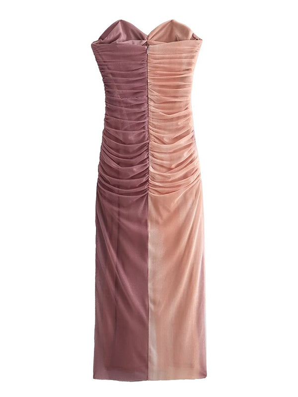 Momyknows Tie Dye Mesh Ruched Bandeau Strapless Bodycon Chic