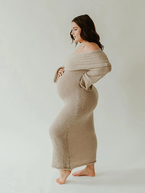 Momyknows Off Shoulder Hollow Out Knitwear Maternity Maxi Dress Apricot / 3XL Momyknows Off Shoulder Hollow Out Knitwear Maternity Maxi Dress Apricot / 3XL