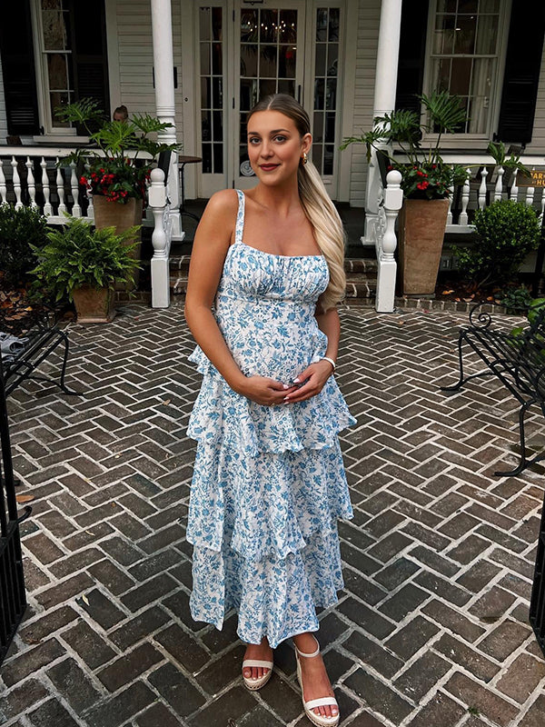 Momyknows Blue Floral Layered Ruffle Falbala Tiered Skirt Tank Backless Elegant Vacation Flowy Maternity Photoshoot Baby Shower Maxi Dress