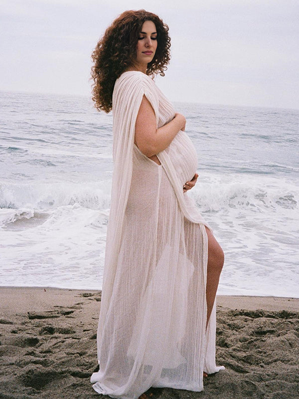 Momyknows White Irregular Side Slit Off Shoulder Deep V neck Flowy Beach Cover Up Elegant Vacation Maternity Photoshoot Baby Shower Maxi Dress