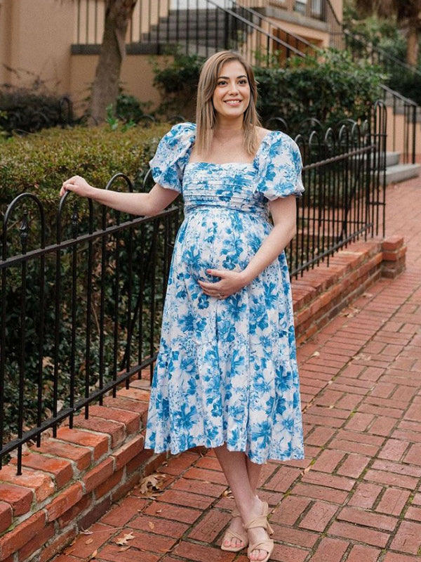 Momyknows Floral Print U-Neck Cascading Ruffle Elegant Baby Shower Ma Momyknows Floral Print U-Neck Cascading Ruffle Elegant Baby Shower Ma